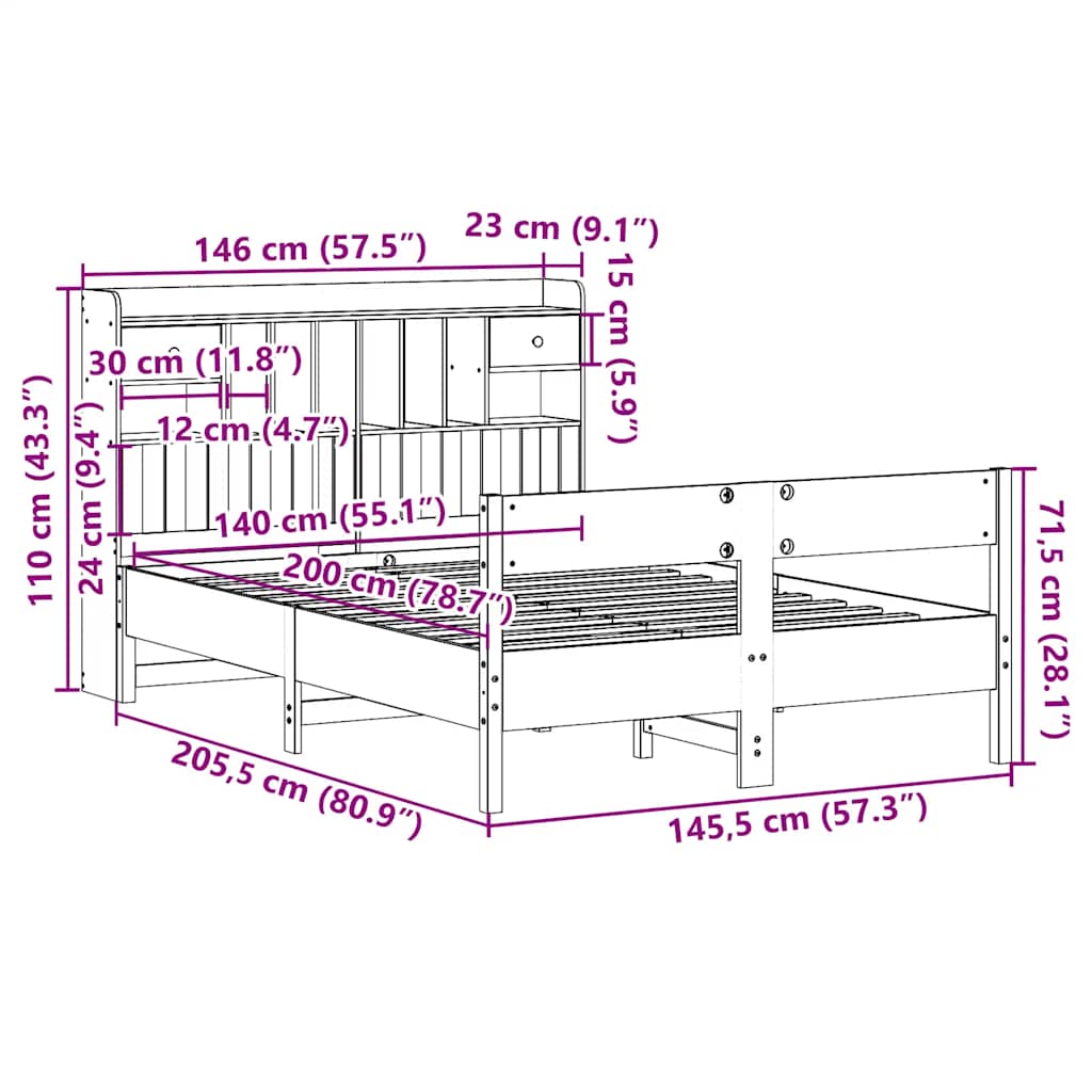 Lit bibliothèque sans matelas blanc 140x200 cm bois pin massif - XIOS