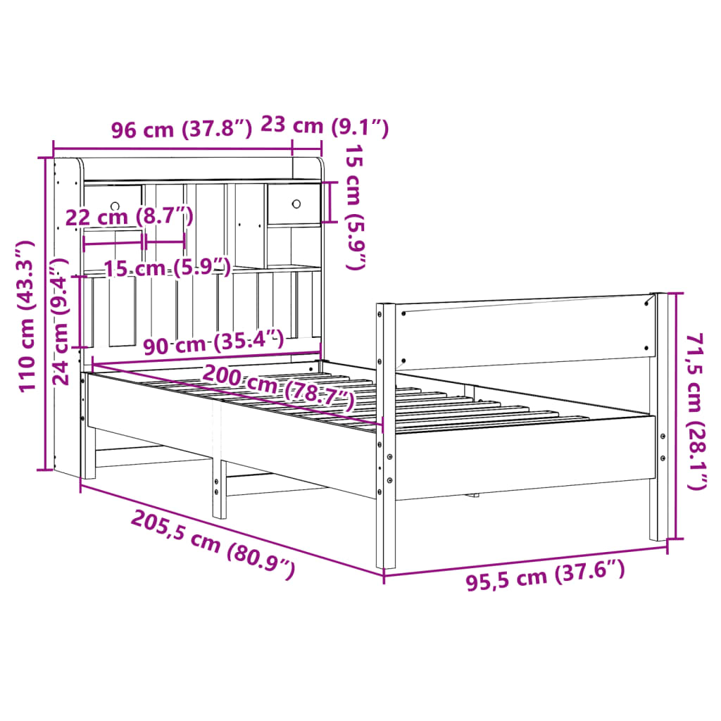 Lit bibliothèque sans matelas blanc 90x200cm bois de pin massif