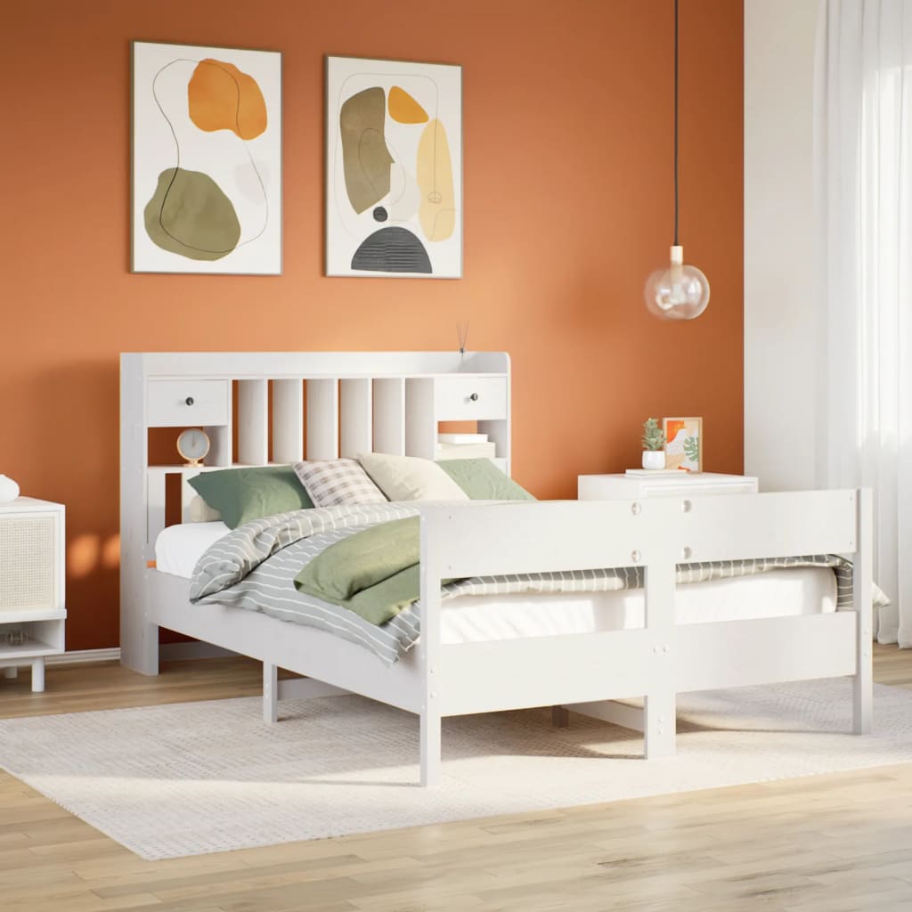 Lit bibliothèque sans matelas blanc 140x190 cm bois pin massif - XIOS