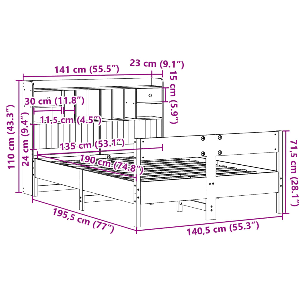 Lit bibliothèque sans matelas cire marron 135x190 cm pin massif - XIOS