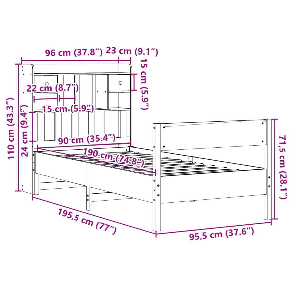 Lit bibliothèque sans matelas blanc 90x190cm bois de pin massif - XIOS