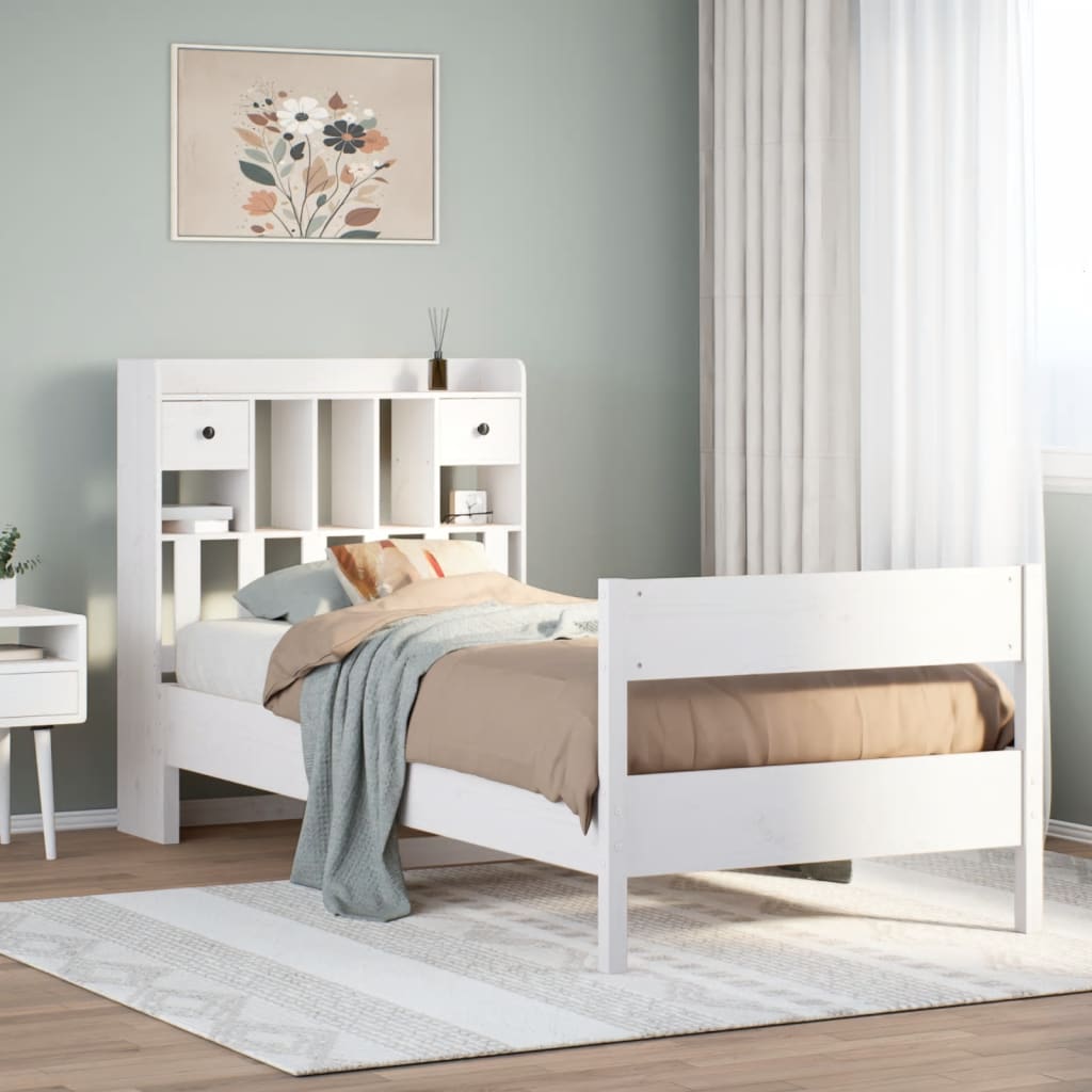 Lit bibliothèque sans matelas blanc 90x190cm bois de pin massif - XIOS