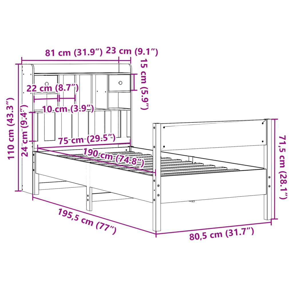 Lit bibliothèque sans matelas cire marron 75x190 cm pin massif - XIOS