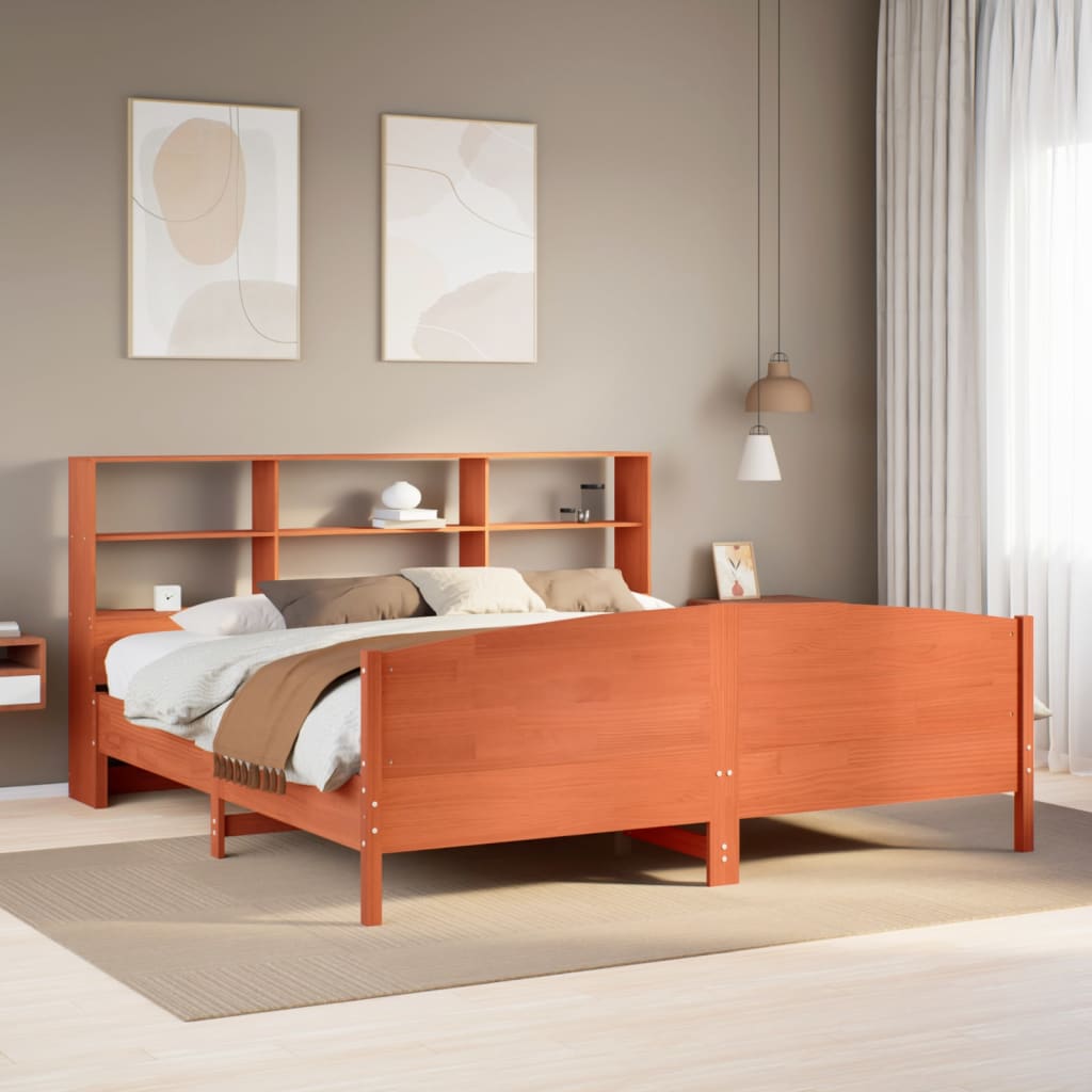Lit bibliothèque sans matelas cire marron 200x200 cm pin massif - XIOS
