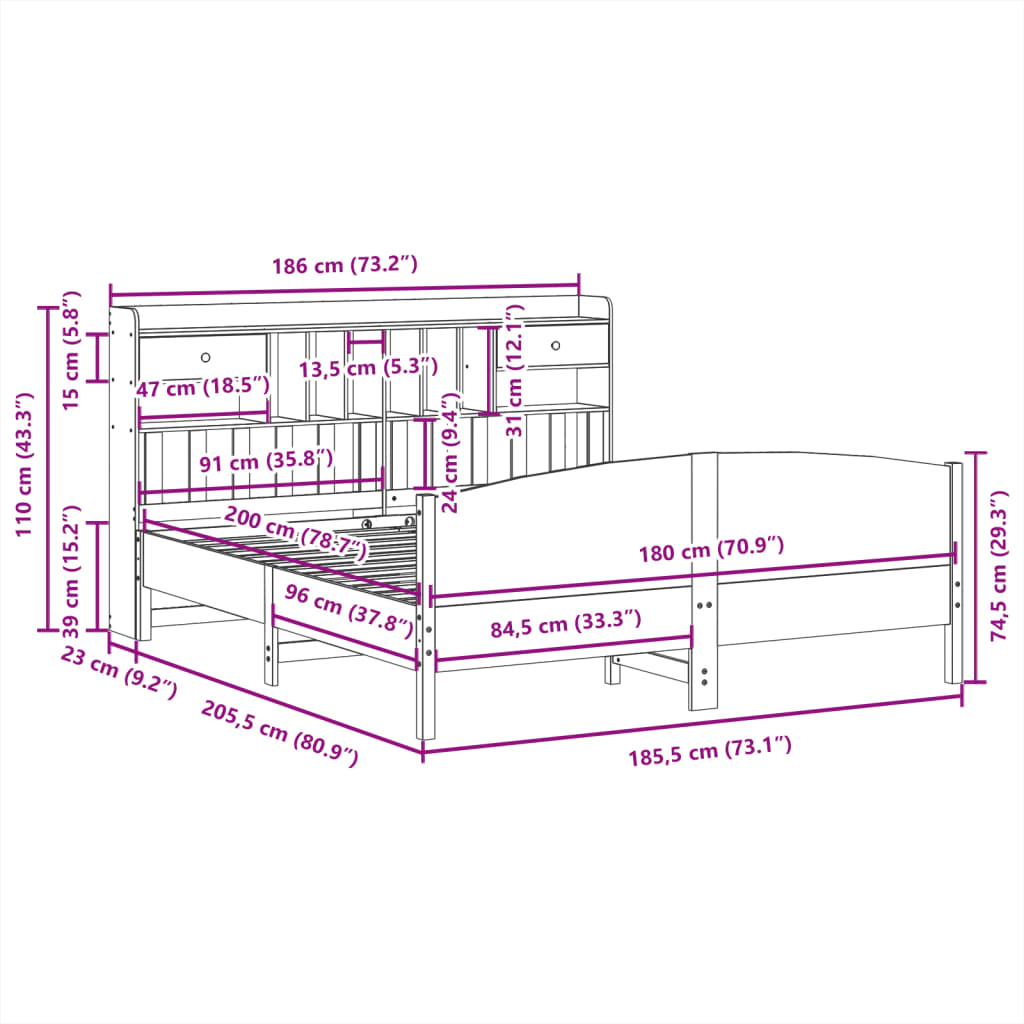 Lit bibliothèque sans matelas 180x200 cm bois massif de pin - XIOS