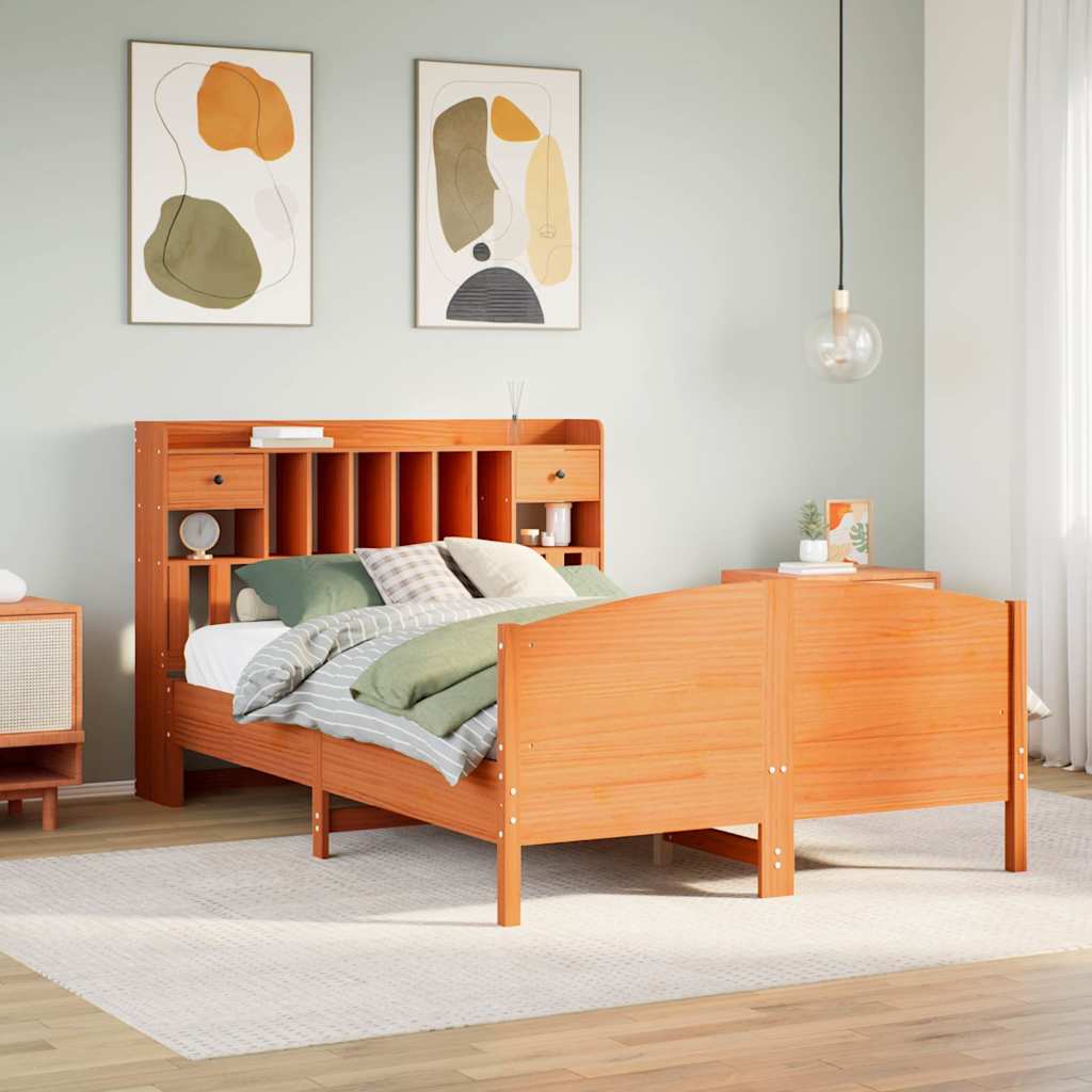 Lit bibliothèque sans matelas cire marron 160x200 cm pin massif - XIOS