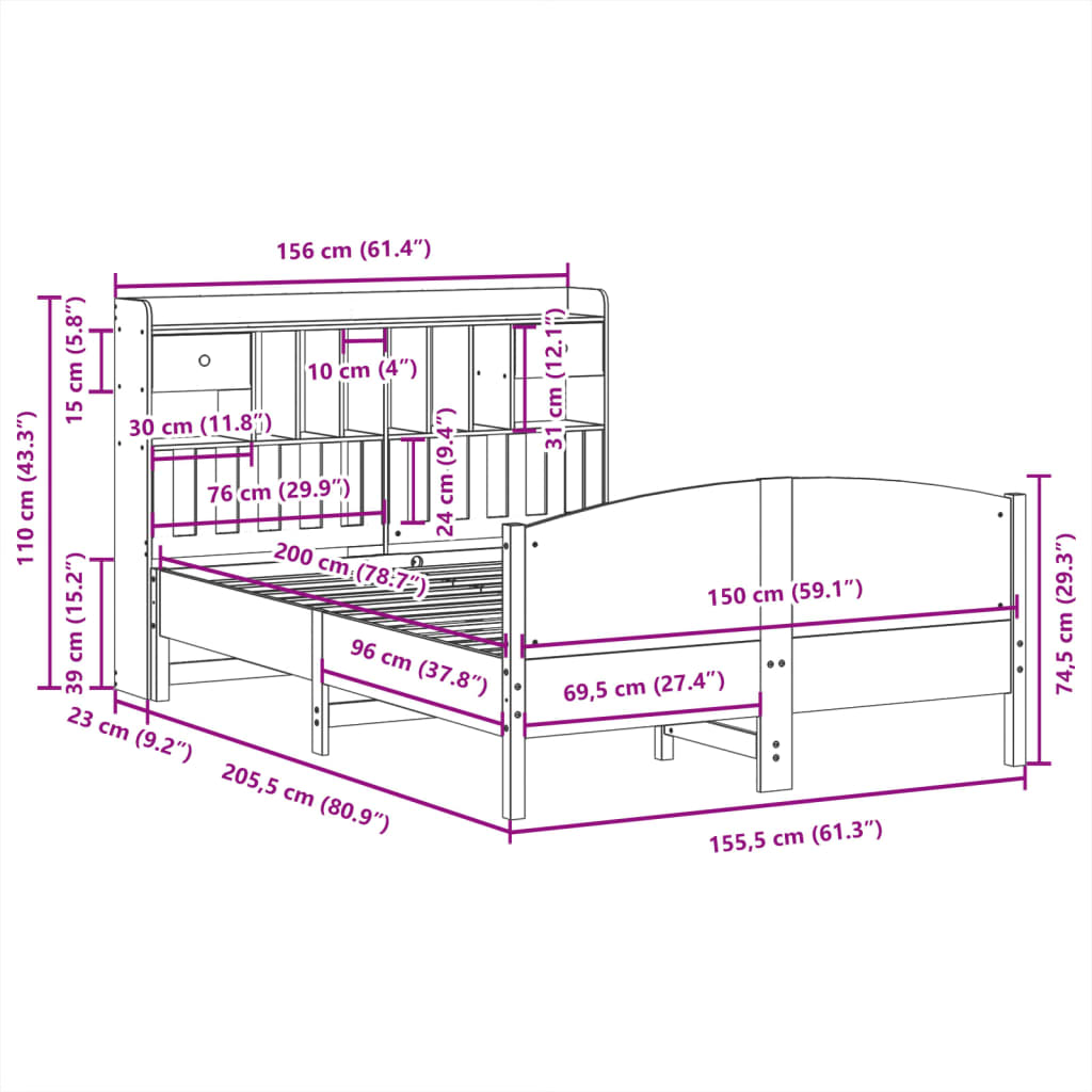 Lit bibliothèque sans matelas blanc 150x200 cm bois pin massif - XIOS
