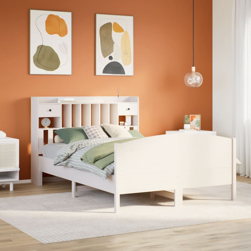 Lit bibliothèque sans matelas blanc 150x200 cm bois pin massif - XIOS