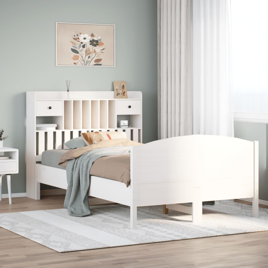 Lit bibliothèque sans matelas blanc 135x190 cm bois pin massif - XIOS