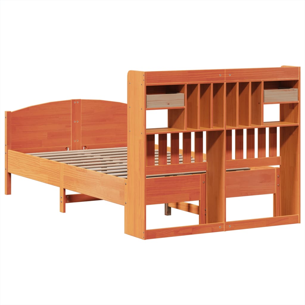 Lit bibliothèque sans matelas cire marron 135x190 cm pin massif - XIOS