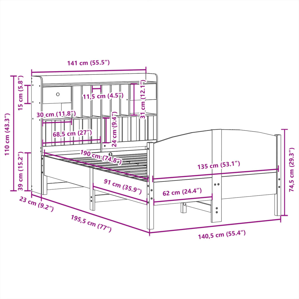 Lit bibliothèque sans matelas cire marron 135x190 cm pin massif - XIOS