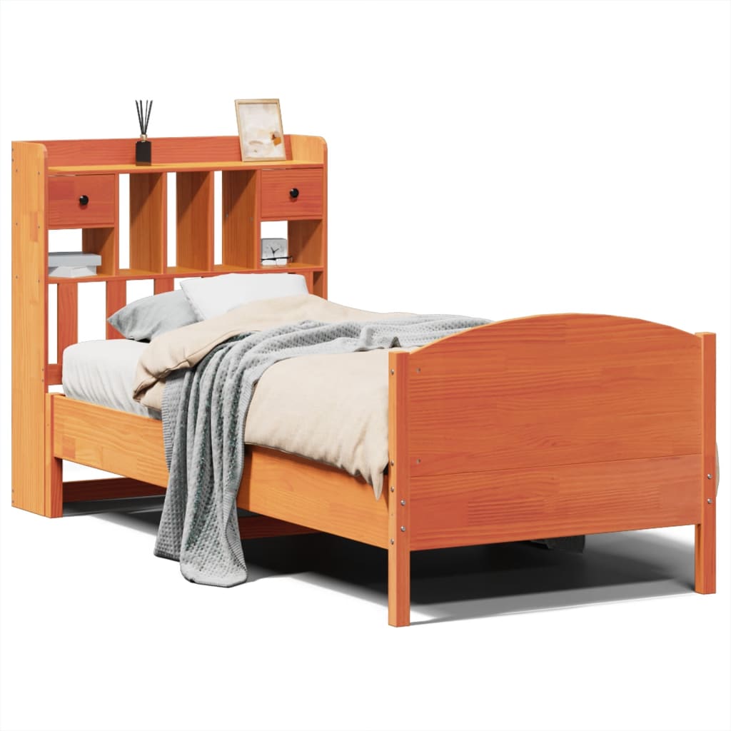 Lit bibliothèque sans matelas cire marron 100x200 cm pin massif - XIOS
