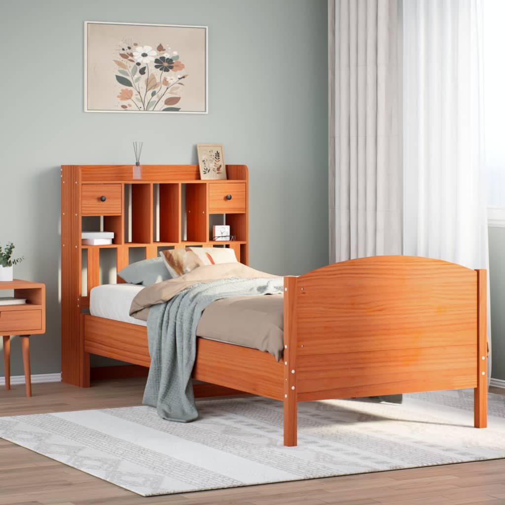 Lit bibliothèque sans matelas cire marron 100x200 cm pin massif - XIOS