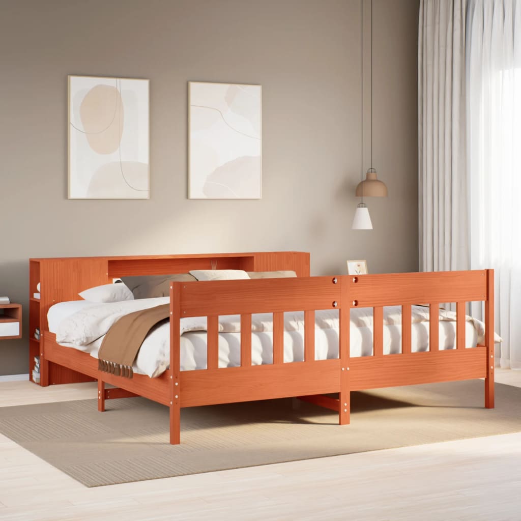 Lit bibliothèque sans matelas cire marron 200x200 cm pin massif - XIOS