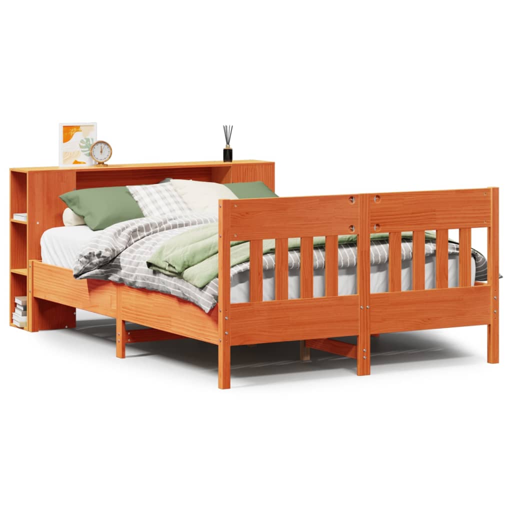 Lit bibliothèque sans matelas cire marron 135x190 cm pin massif