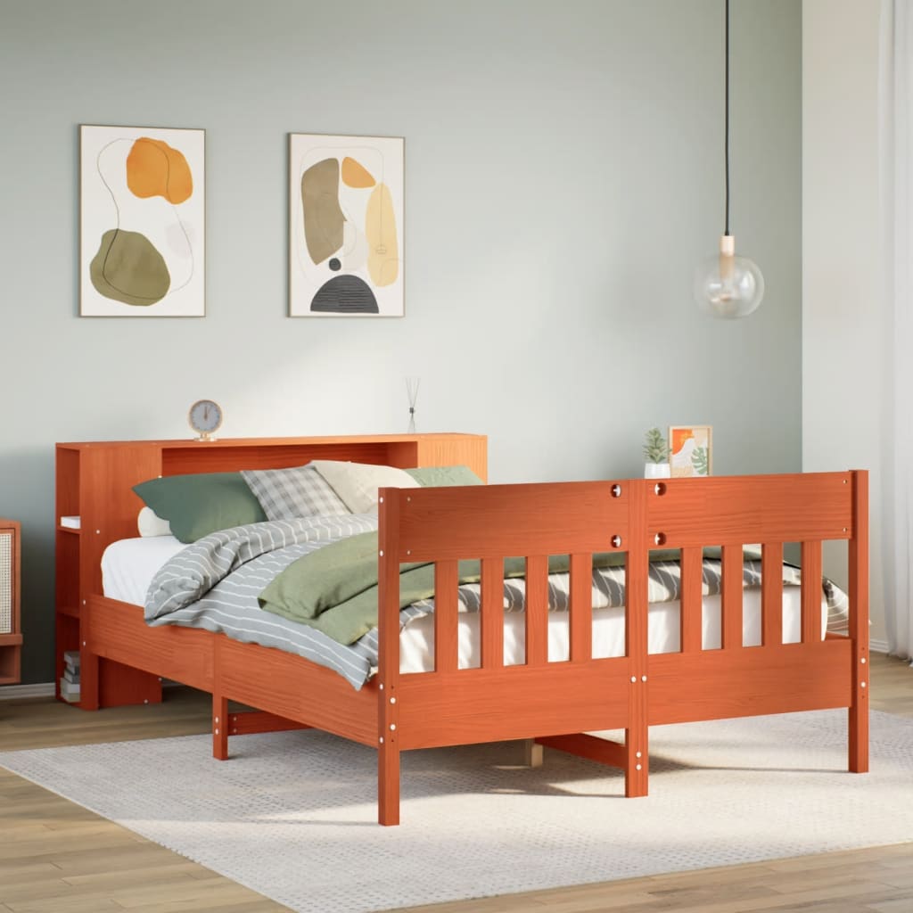 Lit bibliothèque sans matelas cire marron 135x190 cm pin massif