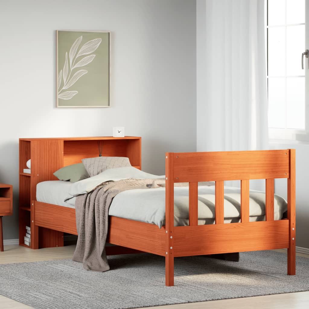 Lit bibliothèque sans matelas cire marron 100x200 cm pin massif - XIOS