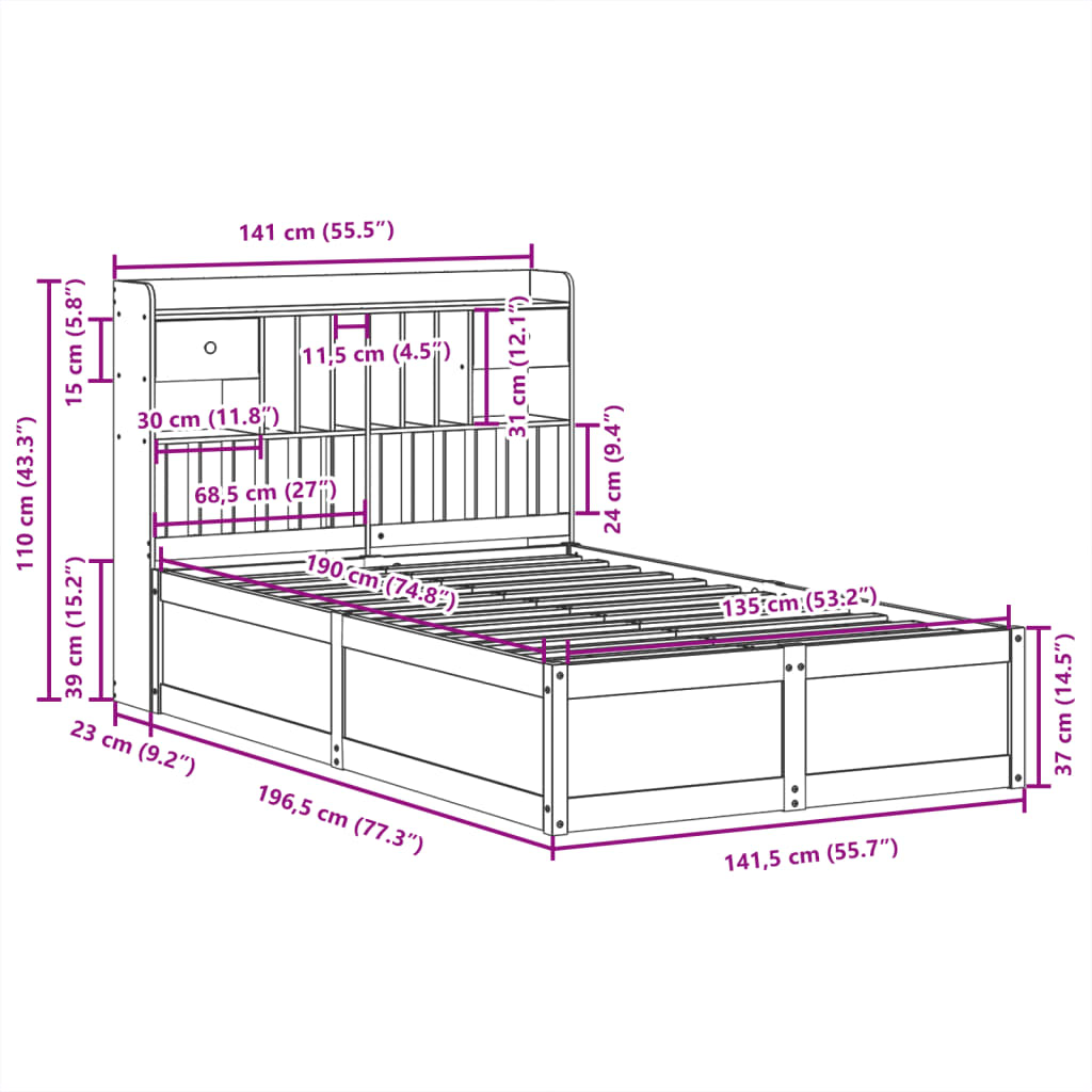 Cadre de lit sans matelas cire marron 135x190cm bois pin massif - XIOS