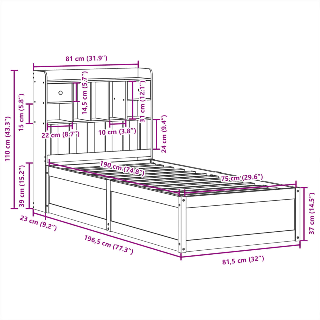 Cadre de lit sans matelas 75x190 cm bois de pin massif - XIOS