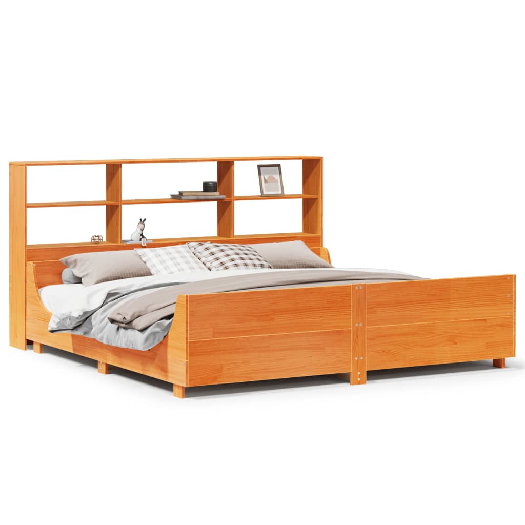 Lit bibliothèque sans matelas cire marron 200x200cm bois massif - XIOS