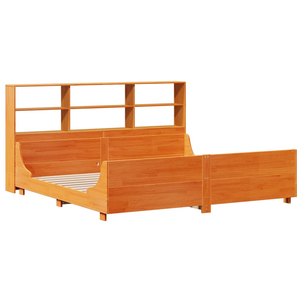 Lit bibliothèque sans matelas cire marron 200x200cm bois massif - XIOS