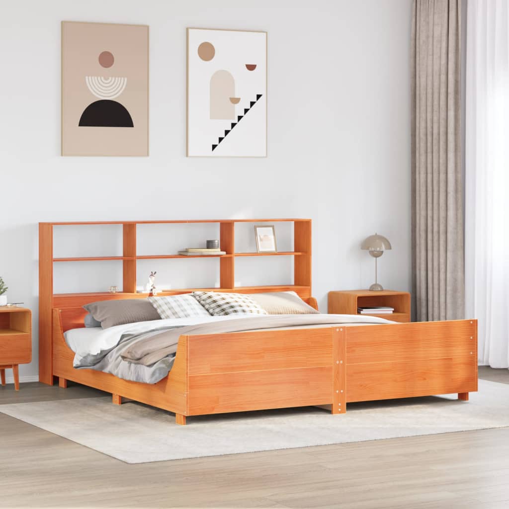 Lit bibliothèque sans matelas cire marron 200x200cm bois massif - XIOS