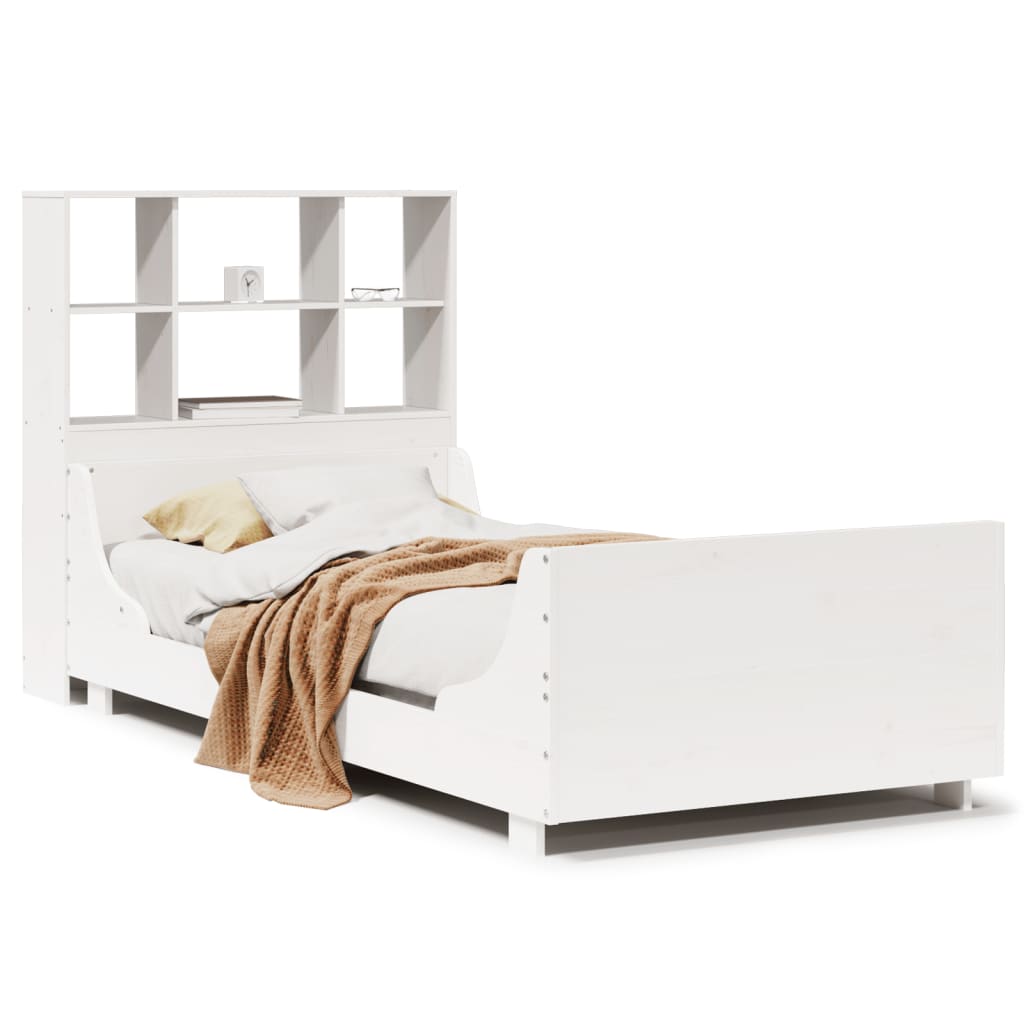 Lit bibliothèque sans matelas blanc 90x200 cm bois massif - XIOS