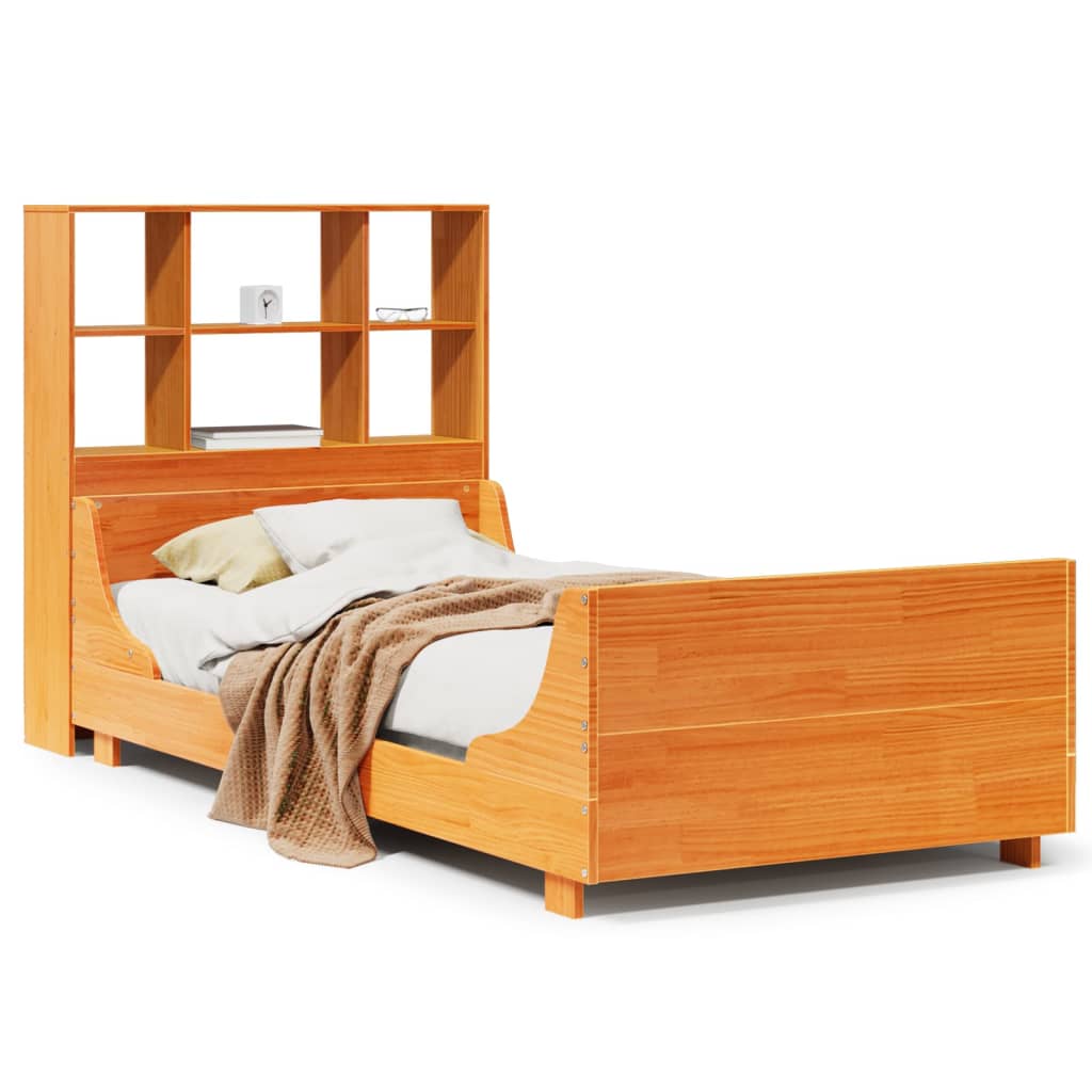 Lit bibliothèque sans matelas cire marron 75x190 cm bois massif - XIOS
