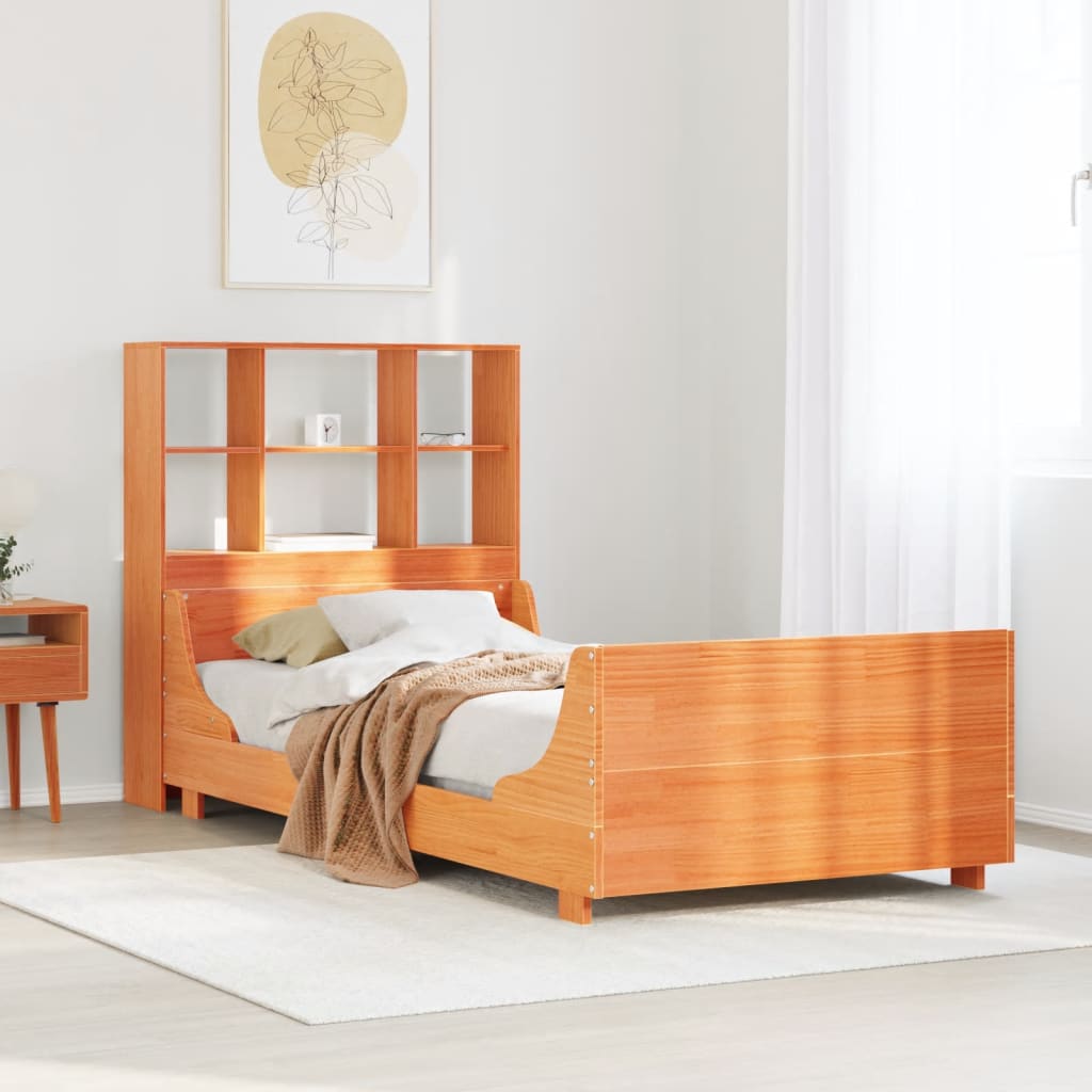 Lit bibliothèque sans matelas cire marron 75x190 cm bois massif - XIOS