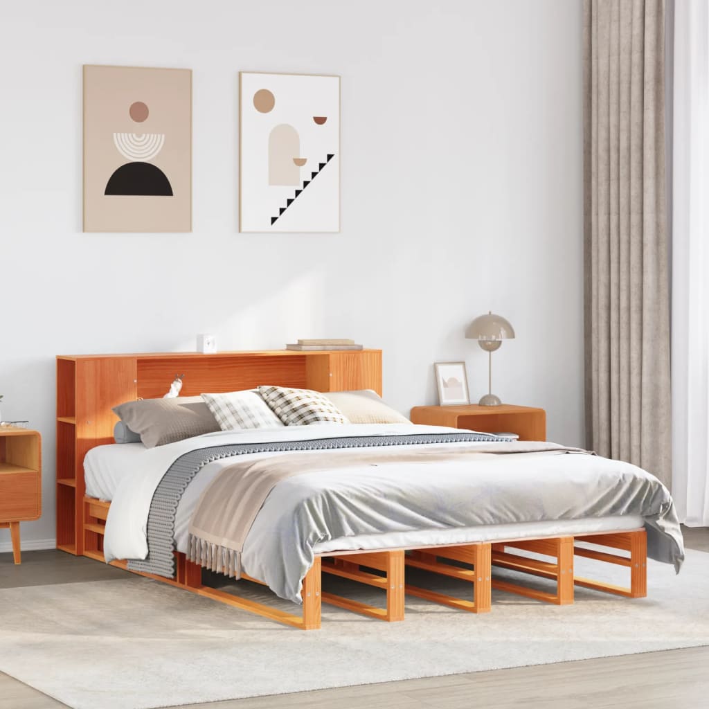 Lit bibliothèque sans matelas cire marron 140x200cm bois massif - XIOS