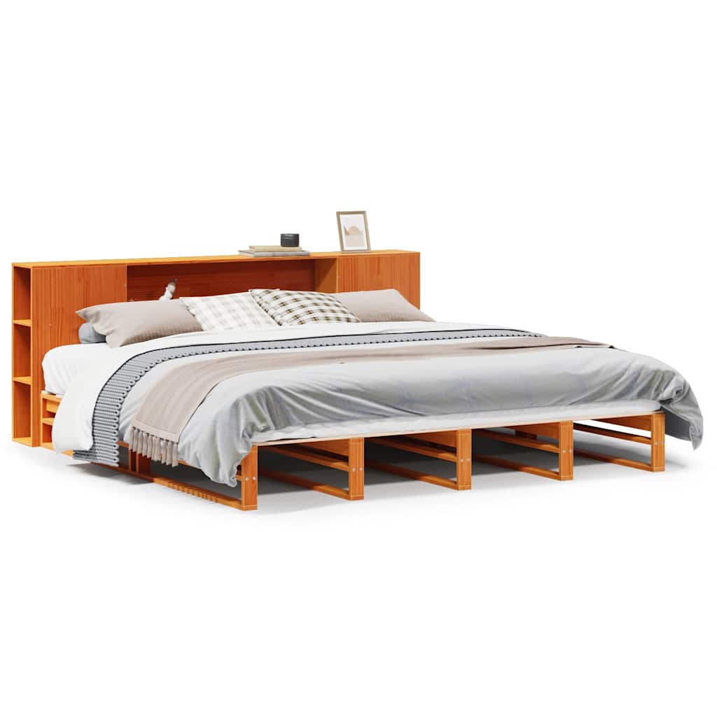 Lit bibliothèque sans matelas cire marron 200x200cm bois massif - XIOS