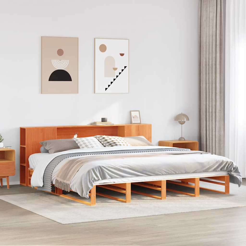 Lit bibliothèque sans matelas cire marron 200x200cm bois massif - XIOS