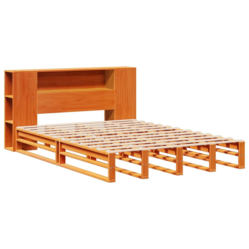 Lit bibliothèque sans matelas cire marron 135x190cm bois massif - XIOS