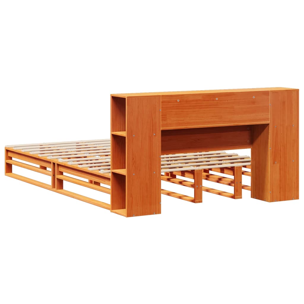 Lit bibliothèque sans matelas cire marron 135x190cm bois massif - XIOS