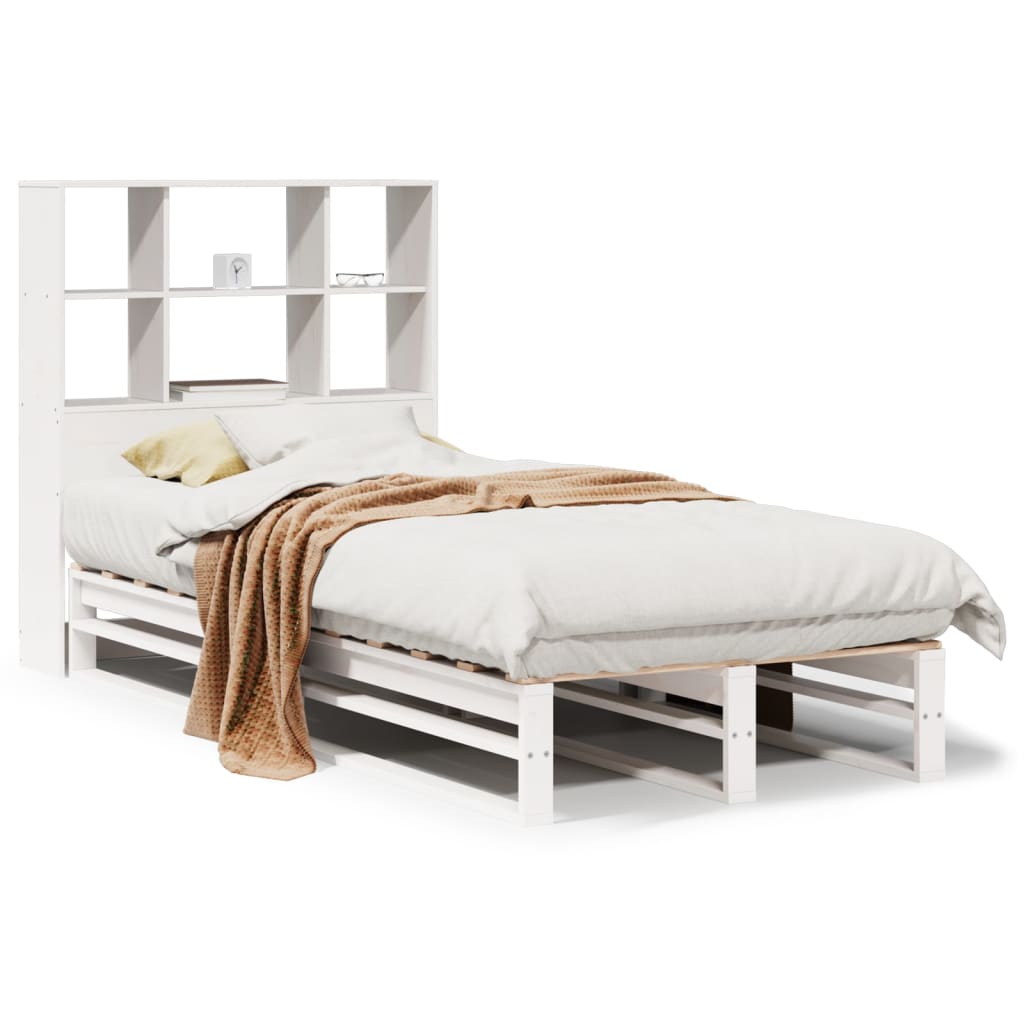 Lit bibliothèque sans matelas blanc 90x200 cm bois massif - XIOS