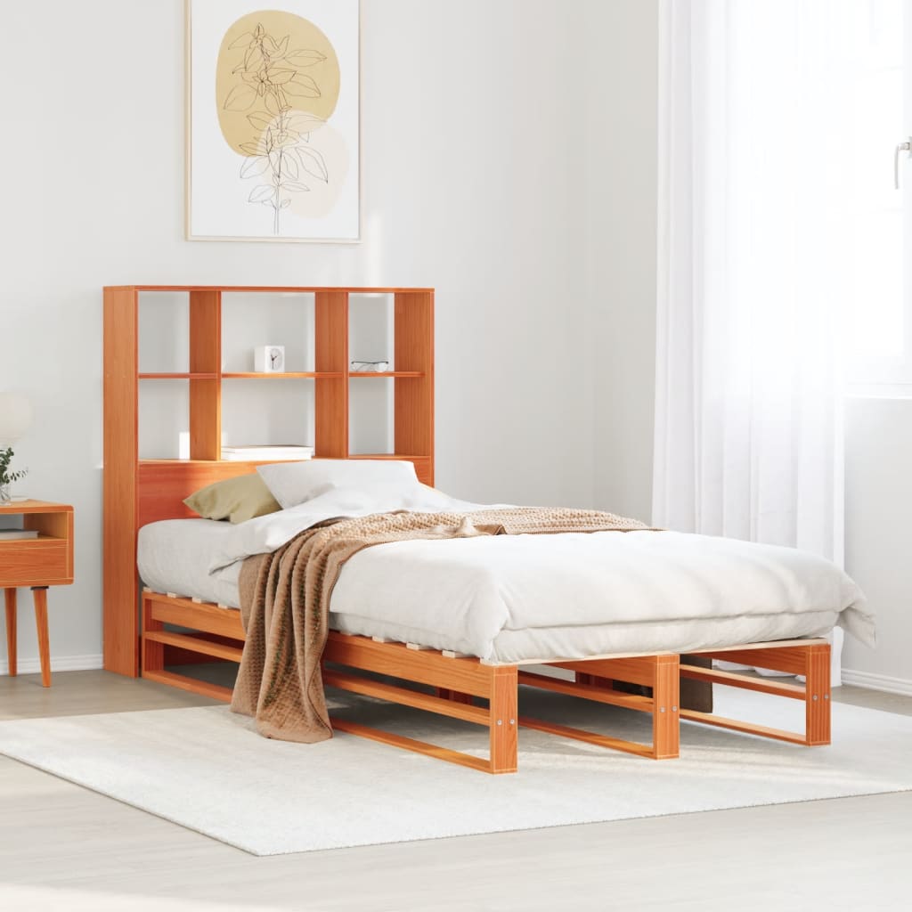 Lit bibliothèque sans matelas cire marron 75x190 cm bois massif - XIOS