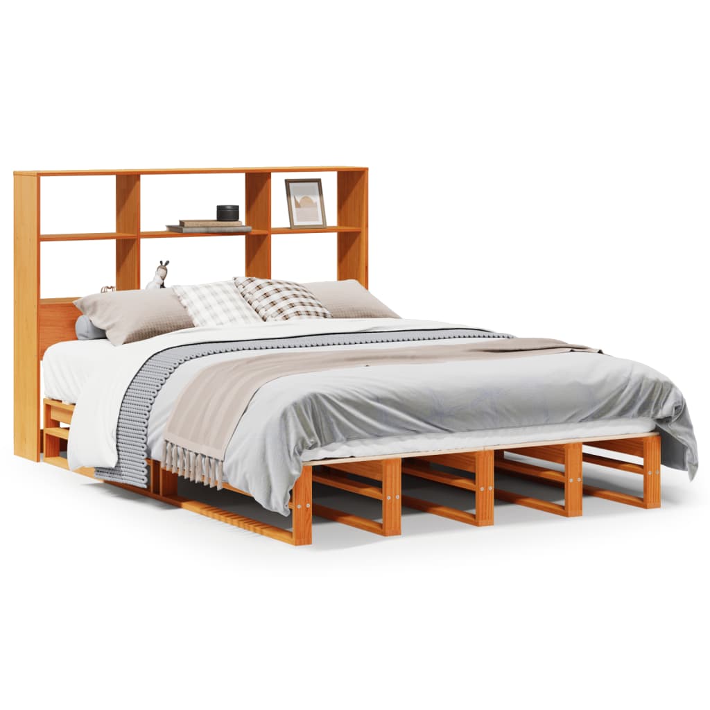 Lit bibliothèque sans matelas cire marron 120x190cm bois massif - XIOS