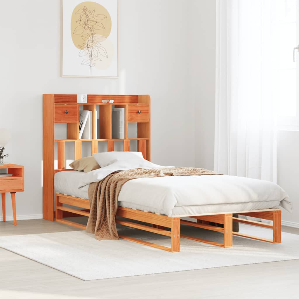 Lit bibliothèque sans matelas cire marron 100x200 cm pin massif