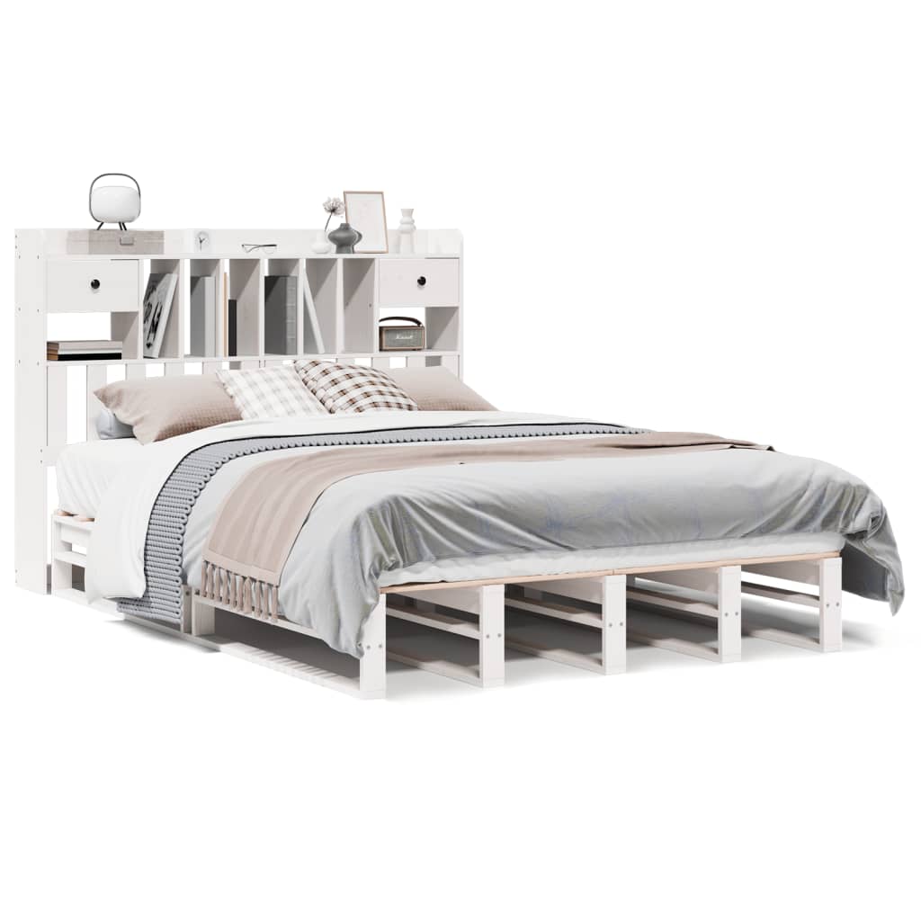 Lit bibliothèque sans matelas blanc 140x200 cm bois pin massif - XIOS
