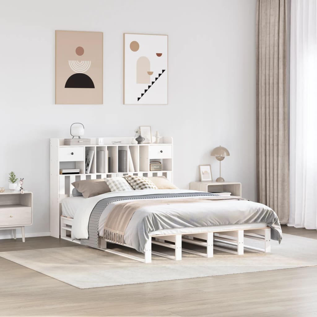 Lit bibliothèque sans matelas blanc 140x200 cm bois pin massif - XIOS