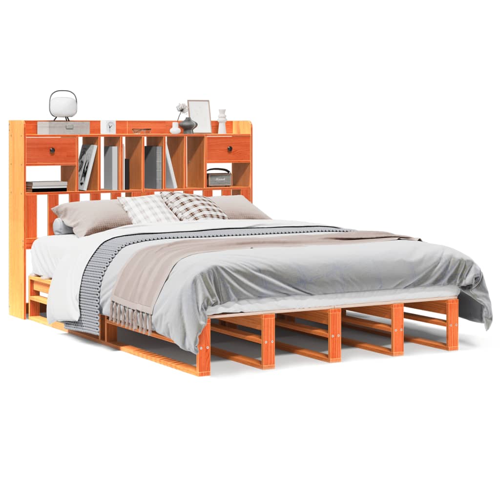 Lit bibliothèque sans matelas cire marron 160x200 cm pin massif - XIOS