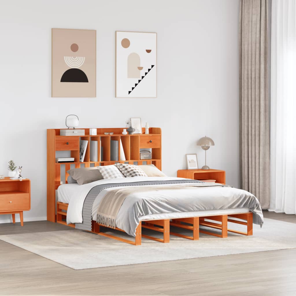 Lit bibliothèque sans matelas cire marron 160x200 cm pin massif - XIOS