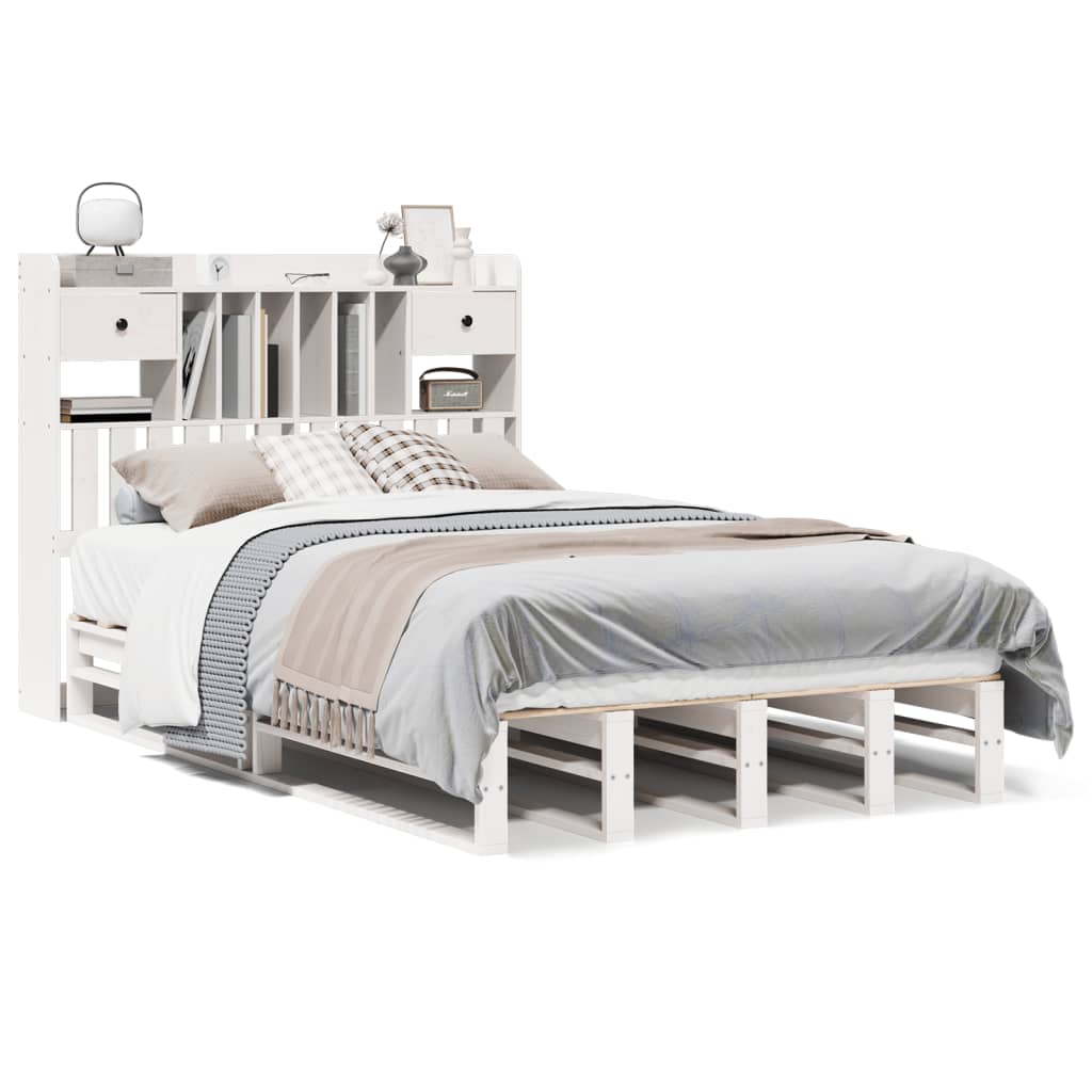 Lit bibliothèque sans matelas blanc 135x190 cm bois pin massif - XIOS