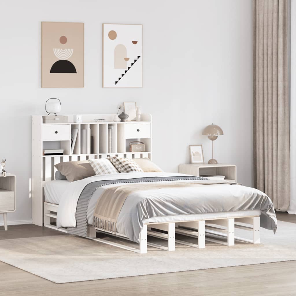 Lit bibliothèque sans matelas blanc 135x190 cm bois pin massif - XIOS