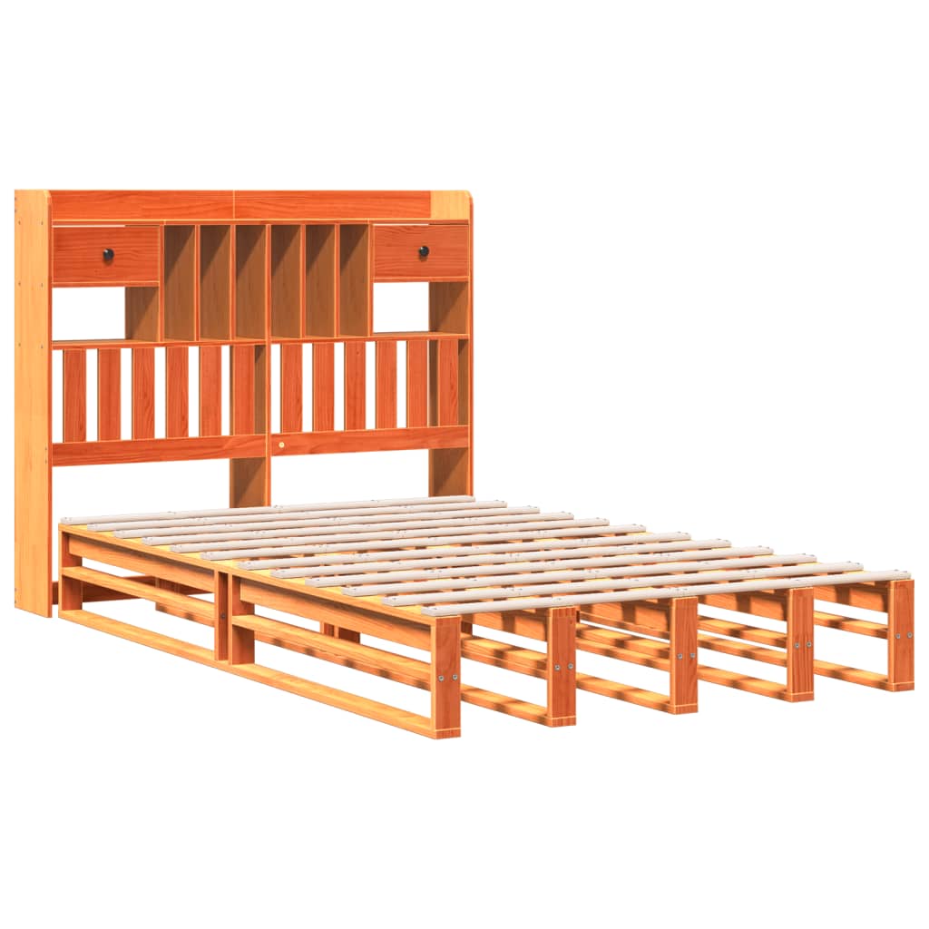 Lit bibliothèque sans matelas cire marron 135x190 cm pin massif - XIOS