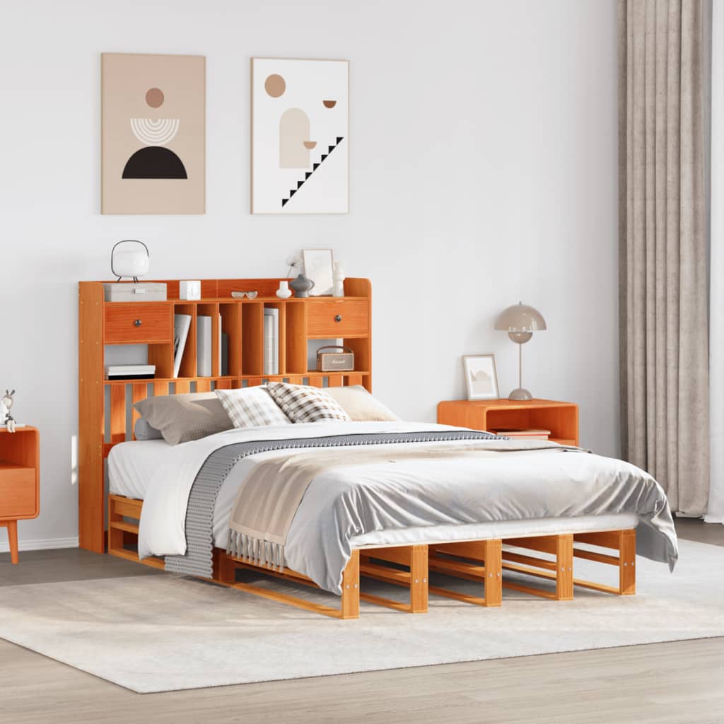 Lit bibliothèque sans matelas cire marron 135x190 cm pin massif - XIOS