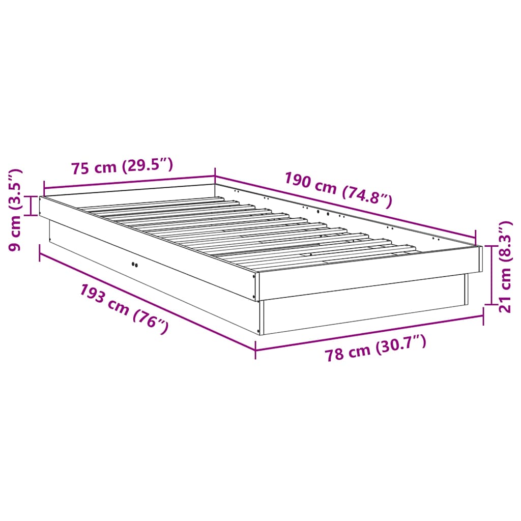 Cadre de lit sans matelas 75x190 cm bois massif de chêne - XIOS