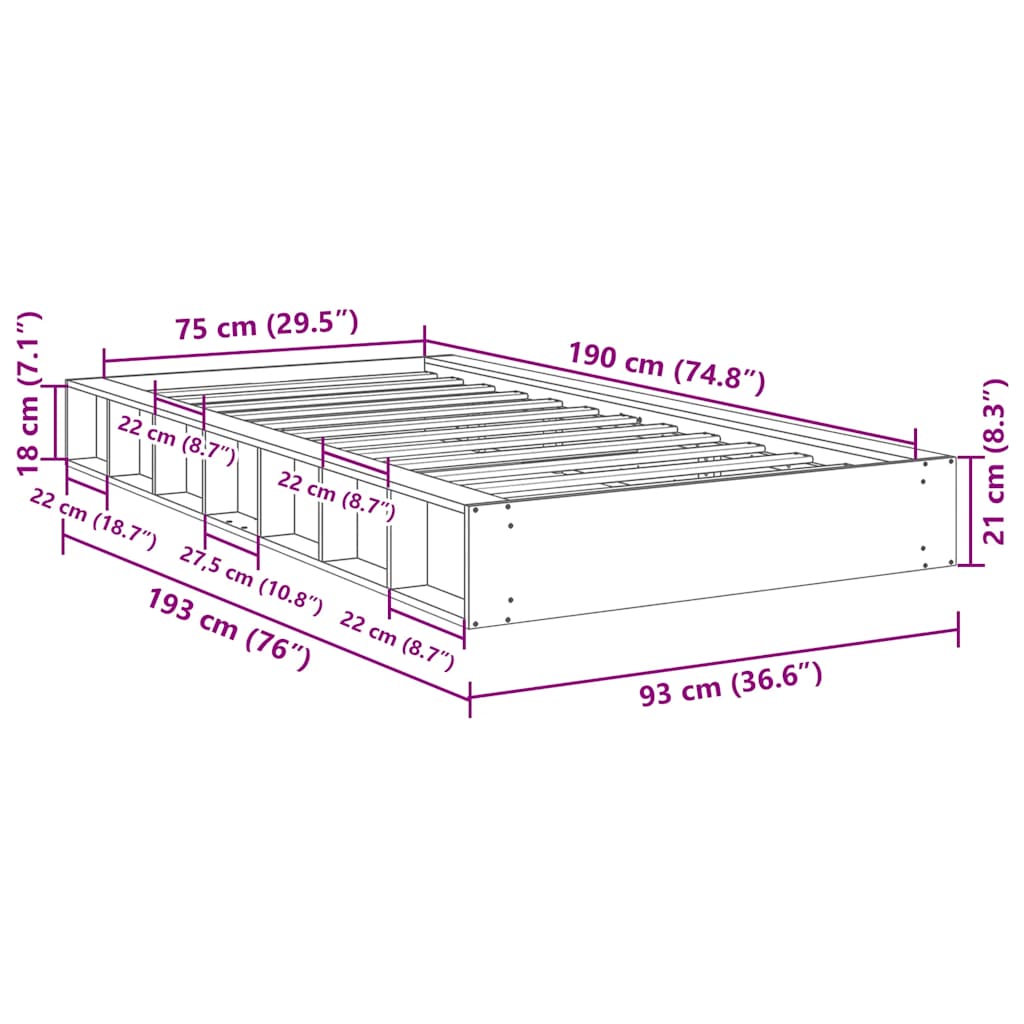 Cadre de lit sans matelas 75x190 cm bois massif de chêne - XIOS