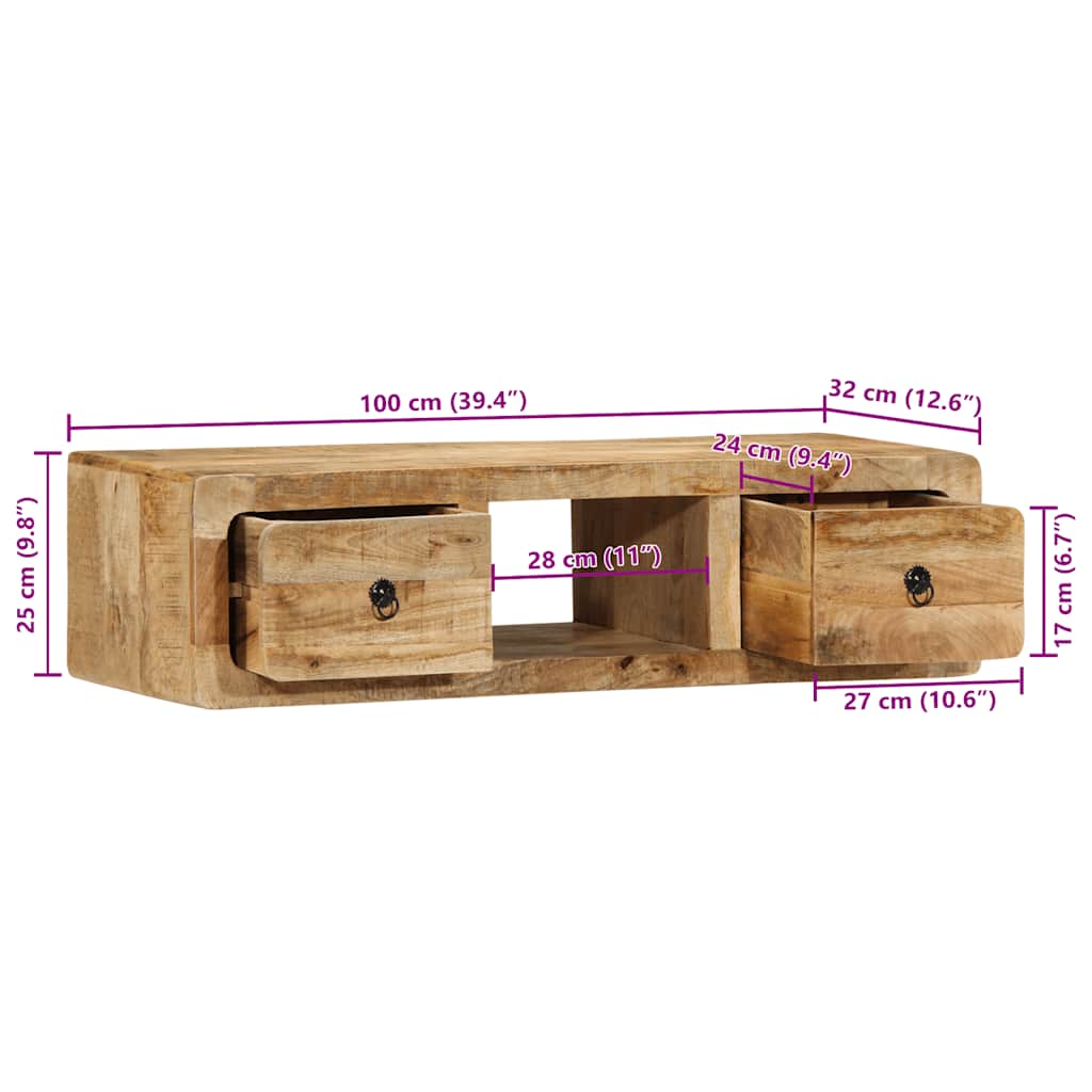 Meuble TV mural 100x32x25 cm bois massif manguier brut - XIOS