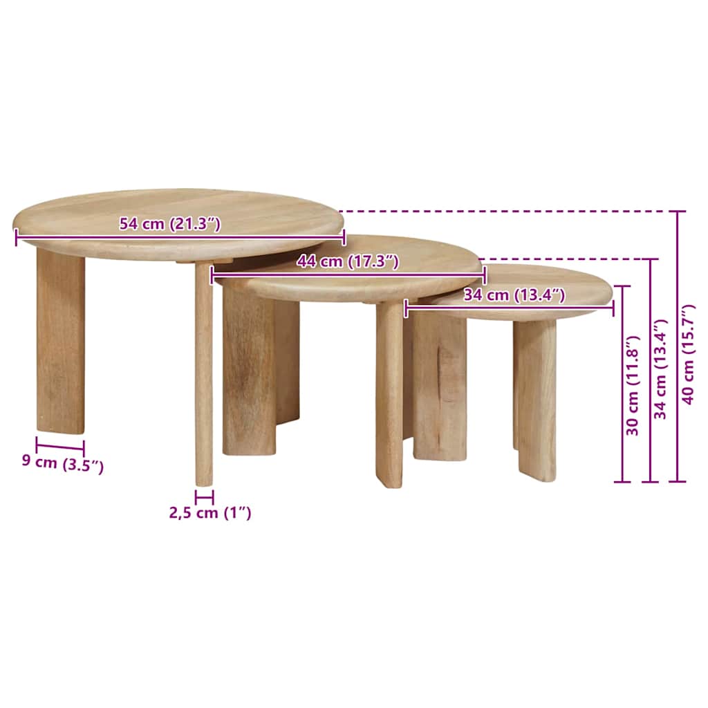 Tables basses gigognes 3 pcs Noir Bois de mangue massif - XIOS